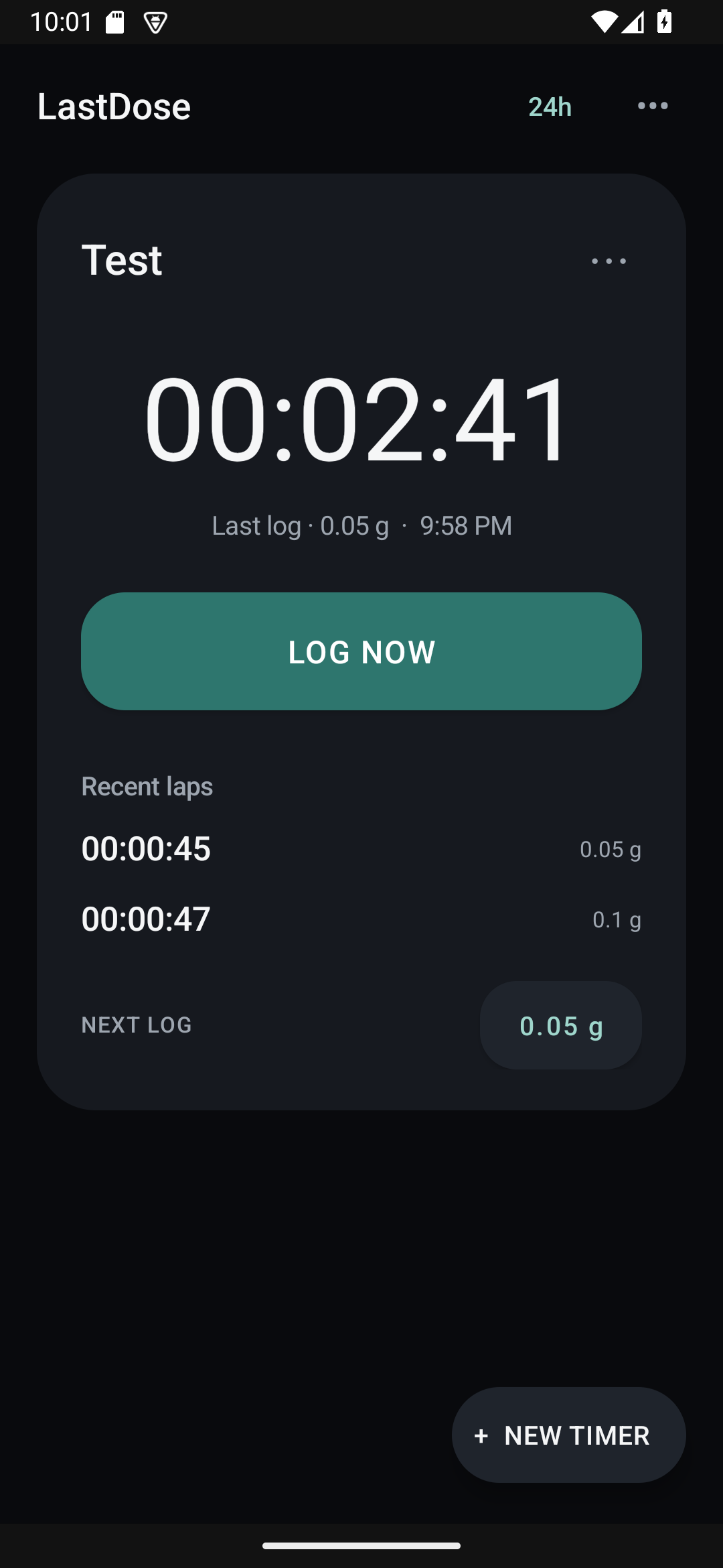 Actual LastDose app screen with elapsed timer and medication logging